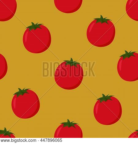 Seamless Pattern With Tomatoes. Yellow Background. Vector Illustration
