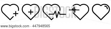 Heart Symbols With Plus Icon. Collection Of Heartbeats Signs. Vector Illustration