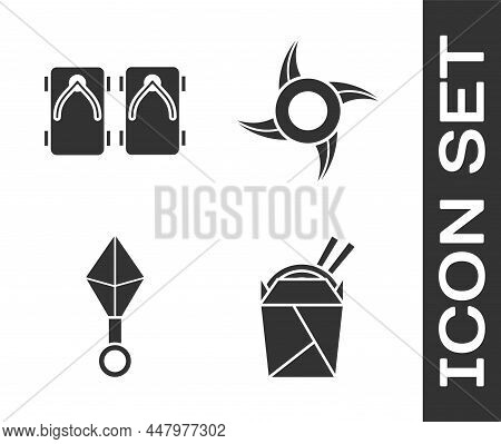 Set Asian Noodles In Paper Box And Chopsticks, Geta Traditional Japanese Shoes, Japanese Ninja Shuri