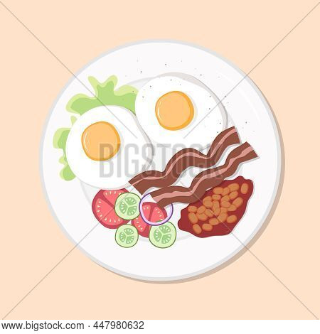 English Breakfast Eggs, Beans, Meat, Vegetables With Salad Healthy Diet Meal On Plate. Vector Illust