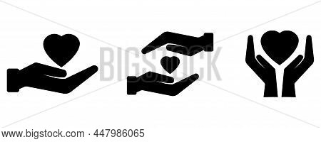 Heart On Hand Sign. Medicine Symbol. Protecting Logo. Care Concept. Love Background. Vector Illustra