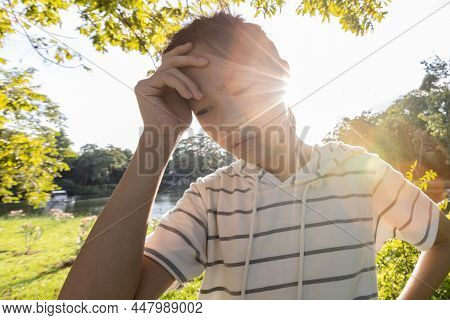Exhausted Asian Child Girl Suffer From Sunburn Very Hot In Summer Weather Problem Feel Faint,woman W