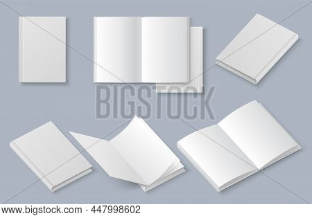Book Mockup Set, Vector Illustration. White Blank Booklet, Brochure, Magazine Cover. Hardcover, Soft