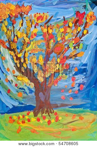 Children Drawing - Autumn Tree Witn Fall Leaves