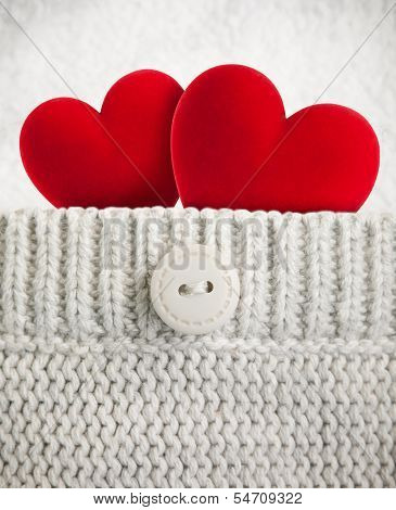 Two Red Hearts In Wool Pocket