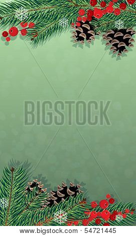 Winter Background With Christmas Tree And Red Berries
