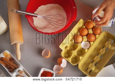 Closeup On Table With Flavoring Eggs Dough Whisk Rolling Pin