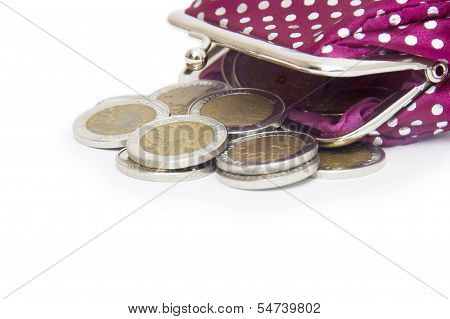 Beautiful Purse With Coins Isolated On White Background