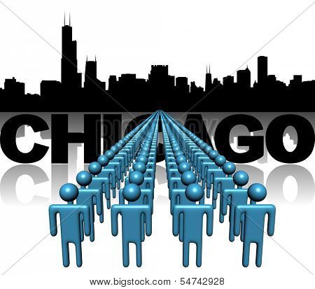 Lines of people with Chicago skyline illustration