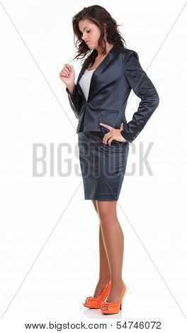 Modern Business Woman Smiling And Looking, Full Length Portrait Isolated