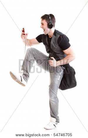 Full Length Portrait School Boy Phone Isolated