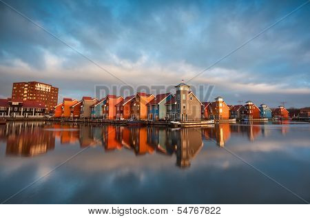 Colorful Buildings On Water During Sunrise, Holland