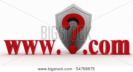 Shield and Guestion mark between www and dot com. Conception of protecting from unknown web- pages. 3d illustration on white background.