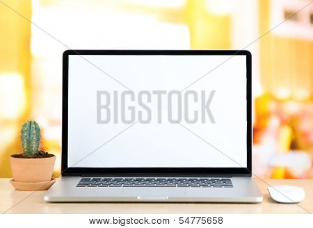 Laptop and cactus in flowerpot on wooden table