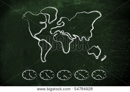 World Map And Time Zone Clocks, Business Going Global