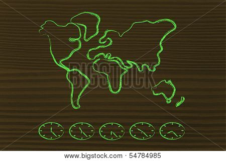 World Map And Time Zone Clocks, Business Going Global