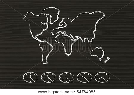 World Map And Time Zone Clocks, Business Going Global