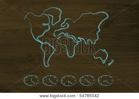 World Map And Time Zone Clocks, Business Going Global