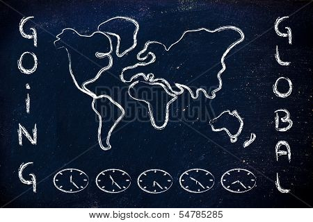 World Map And Time Zone Clocks, Business Going Global