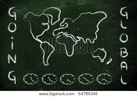 World Map And Time Zone Clocks, Business Going Global