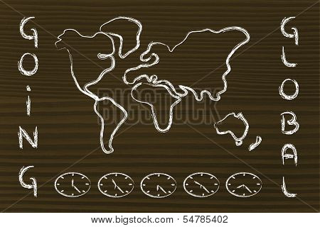 World Map And Time Zone Clocks, Business Going Global
