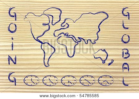 World Map And Time Zone Clocks, Business Going Global