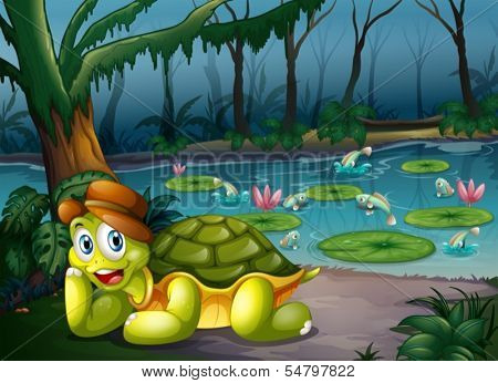 Illustration of a turtle in the middle of the forest near the river
