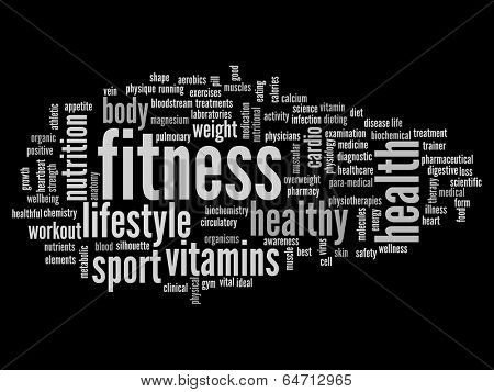 High resolution concept or conceptual abstract fitness and health word cloud or wordcloud on black background