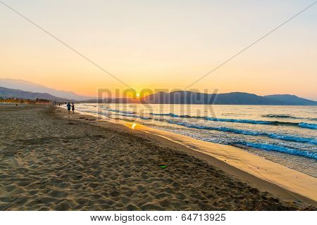 Beach On Sunset In Village Kavros In Crete  Island, Greece. Magical Turquoise Waters, Lagoons. Trave