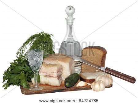 salted pork fat and Borodinsky rye bread isolated on white background