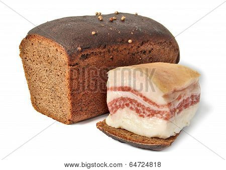 salted pork fat and Borodinsky rye bread isolated on white background