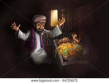 Treasure of Egypt - Arabic man in traditional clothing discovering treasure chest with gold artifacts - funny cartoon illustration