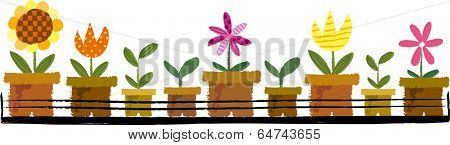 The view of flowerpots are standing in line 