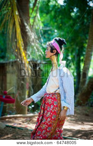 MAE HONG SON, CHIANG MAI, THAILAND - DEC 4, 2013: Unidentified Karen Long Neck woman in traditional hill tribe village also known as Kayan indigenous  ethnic group. Famous tourist travel destination. 