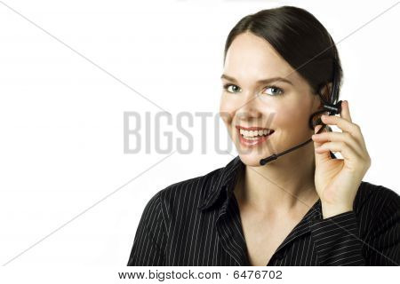 有吸引力的女人与白上孤立的耳机