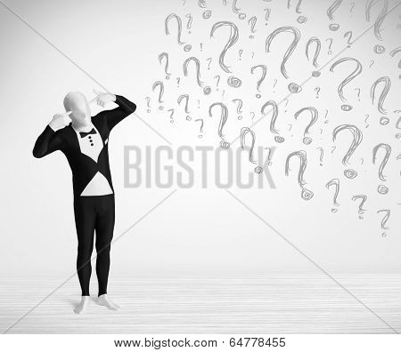 3d human character is body suit morphsuit looking at hand drawn question marks