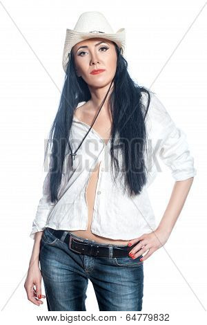 Girl In A Hat On  White Background