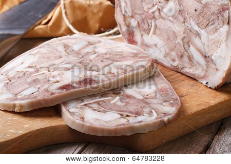 Headcheese Chopped On Kitchen Board Macro