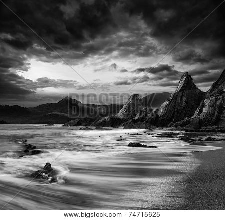 Beautiful Landscape Of Mountains And Sea At Sunset  Black And White