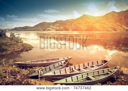 Boats on Pokhara Fewa Lake in Nepal