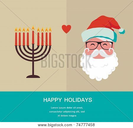 happy holidays, jewish holiday menorah and Xmas Santa