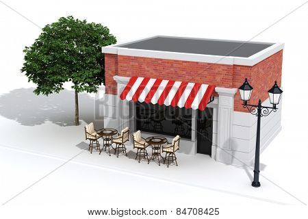 3d store shop front with big windows on white