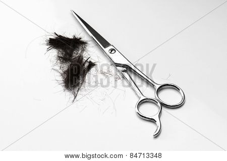 Silver hair dressing scissors and cut hair isolated on white background with natural shadows.  