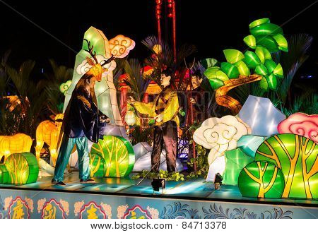 KUALA LUMPUR, MALAYSIA - FEBRUARY 23, 2015: Lighted lanterns and sculptures of characters from Chinese folklores decorate the grounds of Thean Hou Temple in celebration of the Chinese New Year.