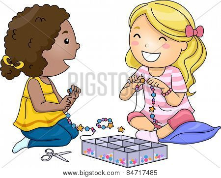 Illustration of Little Girls Making Accessories With Colorful Beads