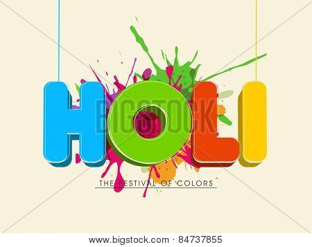 Indian Festival of Colors celebration poster or banner design with glossy 3D text Holi on splash background..