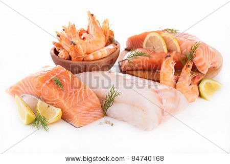 raw fish,shrimp,salmon isolated
