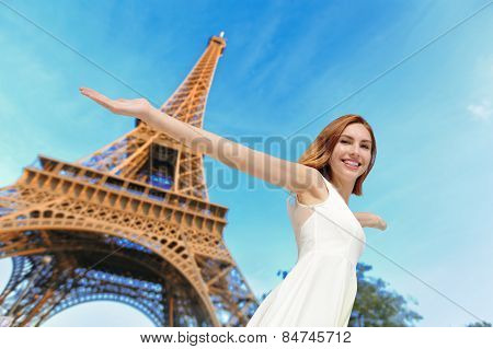 Happy Woman Tourist In Paris