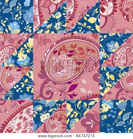 Creative paisley patchwork pattern with flowers. Vintage boho style