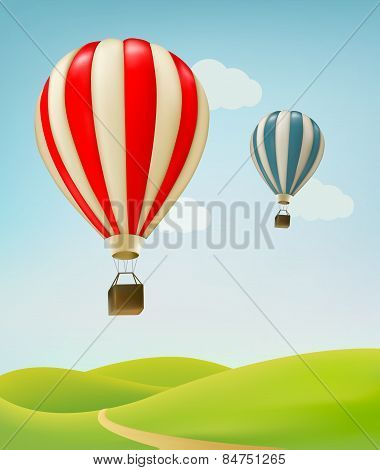 Retro Background With Colorful Air Balloons And Green Land. Vector.